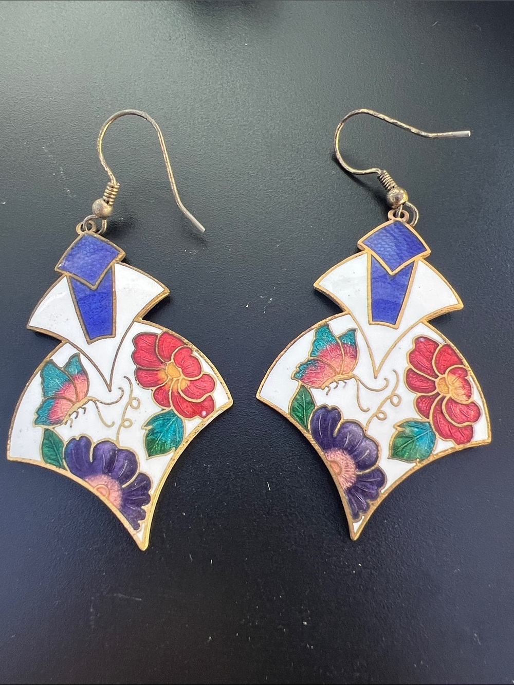 Vintage Hand Painted Floral Gold-Tone Earrings